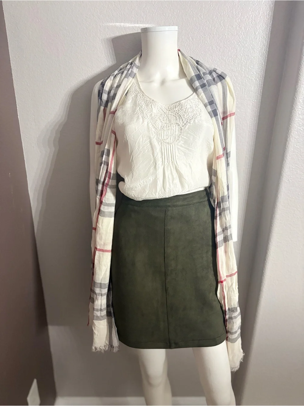 Lightweight Plaid Long Scarf in Cream, Gray & Red